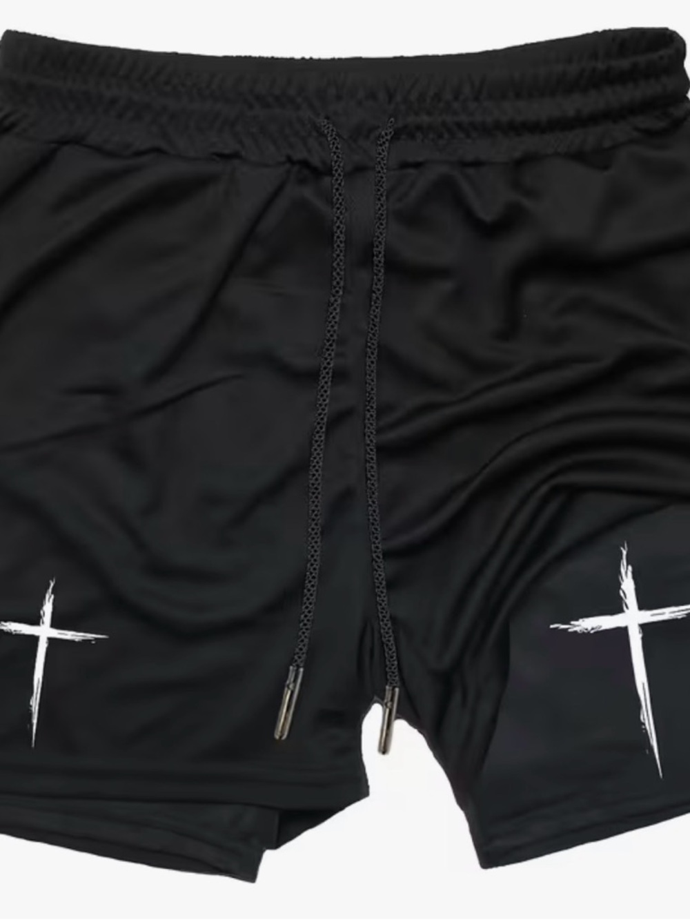 Men's Black Athletic Drawstring Shorts with White Cross Detail
